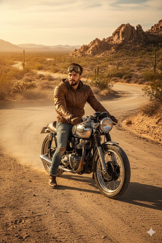 An adventurous scene featuring a vintage motorcycle and its rider,