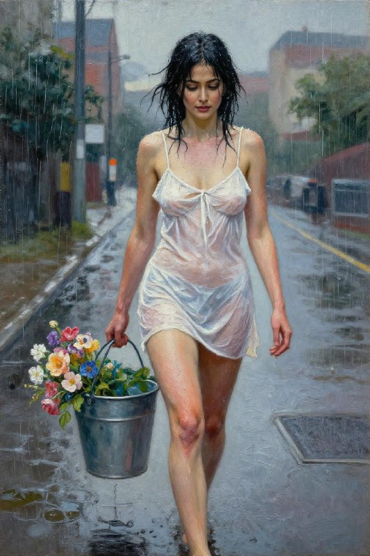 Artsy painting of a woman in a short white sarafan slip, walking