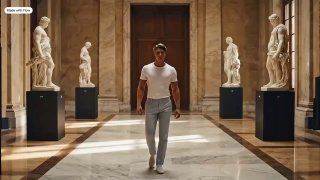 In a royal museum filled with marble statues, a man in minimal,