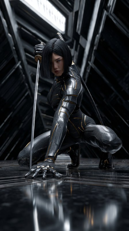 Attractive female warrior in a dynamic ninja execution stance
