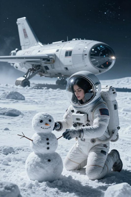 An astronaut in a fully sealed futuristic spacesuit building a