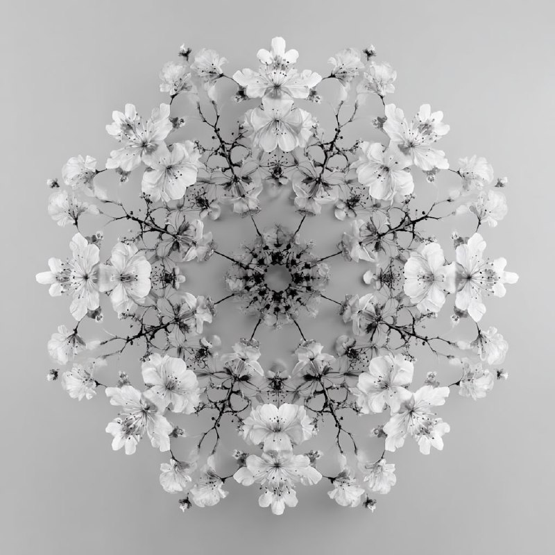 A symmetrical mandala made of cherry blossoms and twigs, arranged in