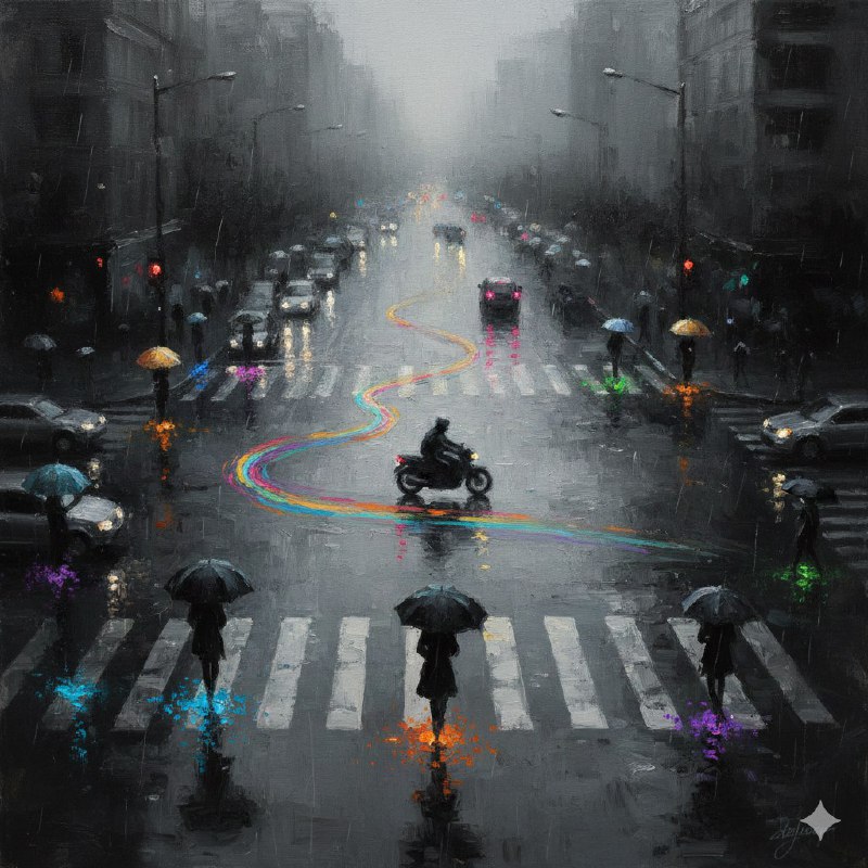 Monochrome Urban Impressionism with Neon Solitude