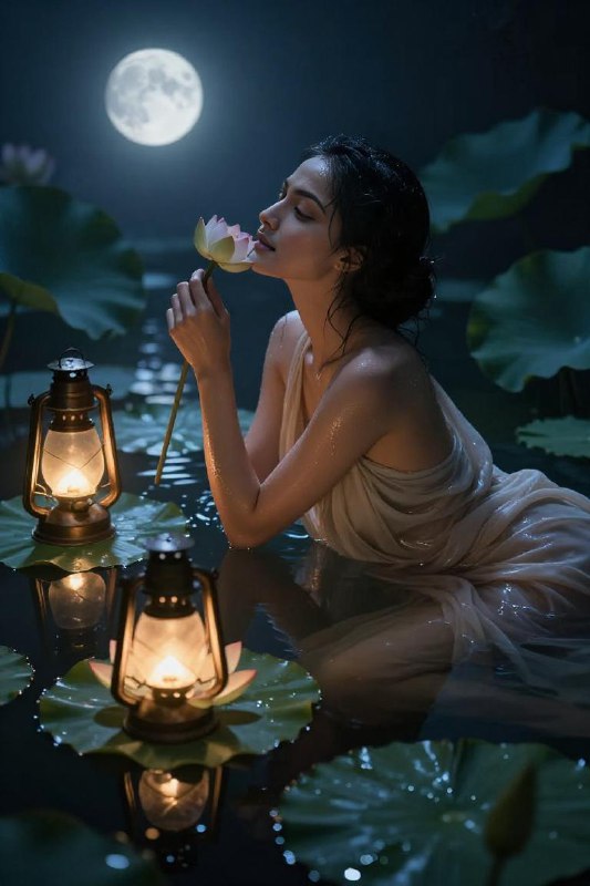 Ethereal Moonlit Lotus Chiaroscuro Fantasy