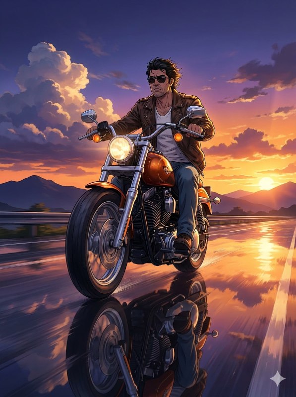Cinematic Anime Realism Motorcycle Sunset
