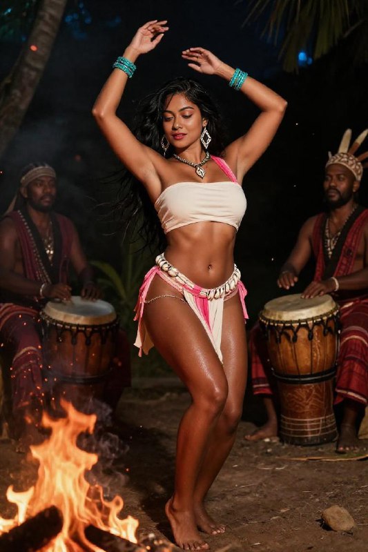 A beautiful aboriginal tribal hottie with long black hair, tanned