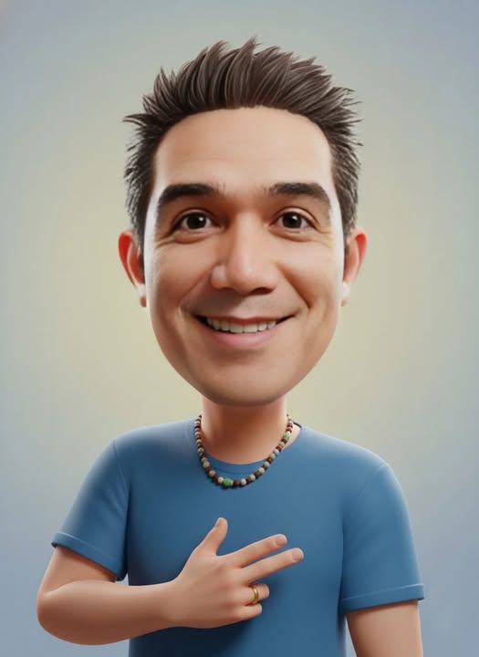 A highly stylized 3D caricature of (uploaded photo), with an
