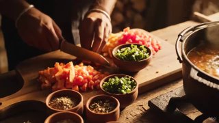 Top-down slow zoom-in: A pair of hands expertly prepares food on a
