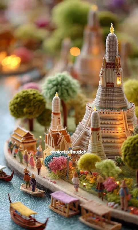 A cozy miniature diorama of Thailand featuring Wat Arun temple by