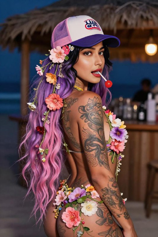 Floral Neon Muse — Surreal Beach Bar Portrait