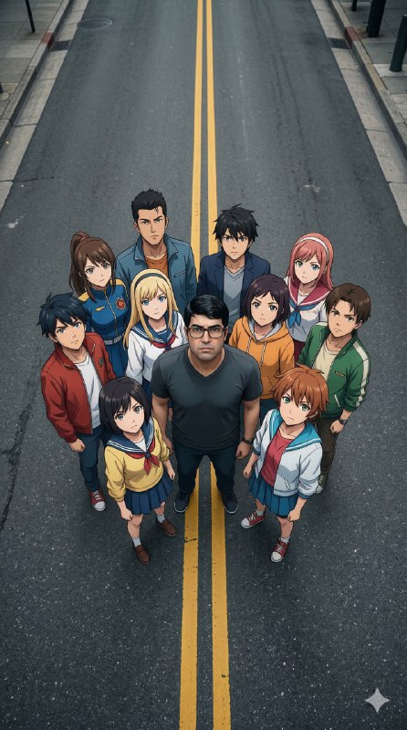 Cinematic Anime–Live Action Hybrid Scene