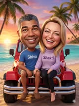 3D hyper-realistic caricature of a happy couple sitting on the