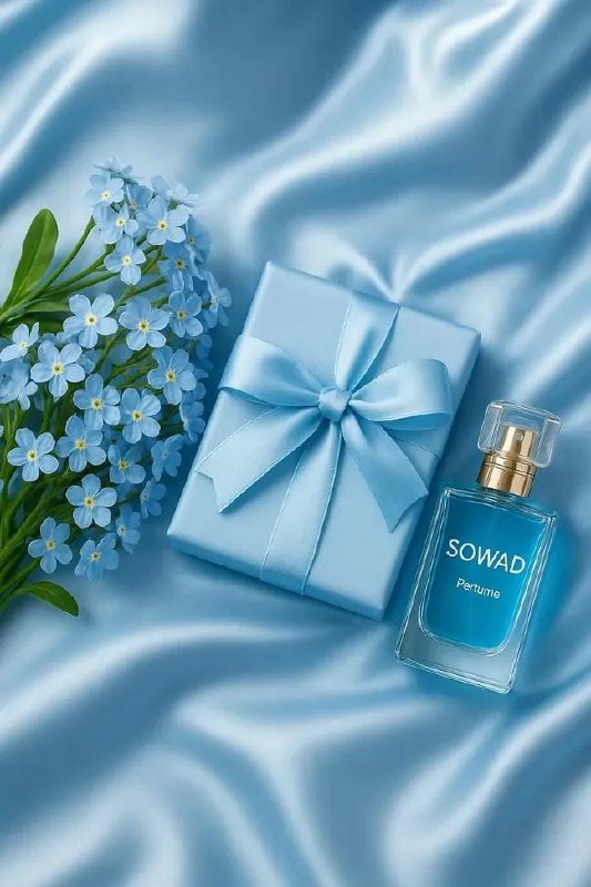 Luxury Blue Satin Perfume Flatlay