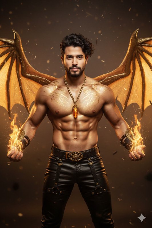 A real photograph of a powerful, athletic man styled as a dragon-kin