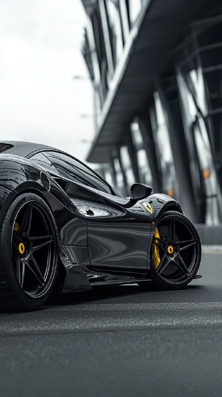 Black Ferrari F8 with black wheels, the car is painted in a matte