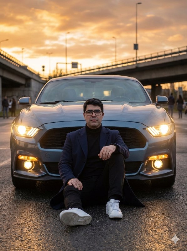 Person sitting directly on dark asphalt in front of a blue-grey Ford