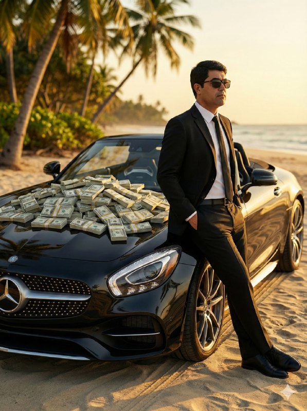 Sophisticated man leaning casually against the front fender of a