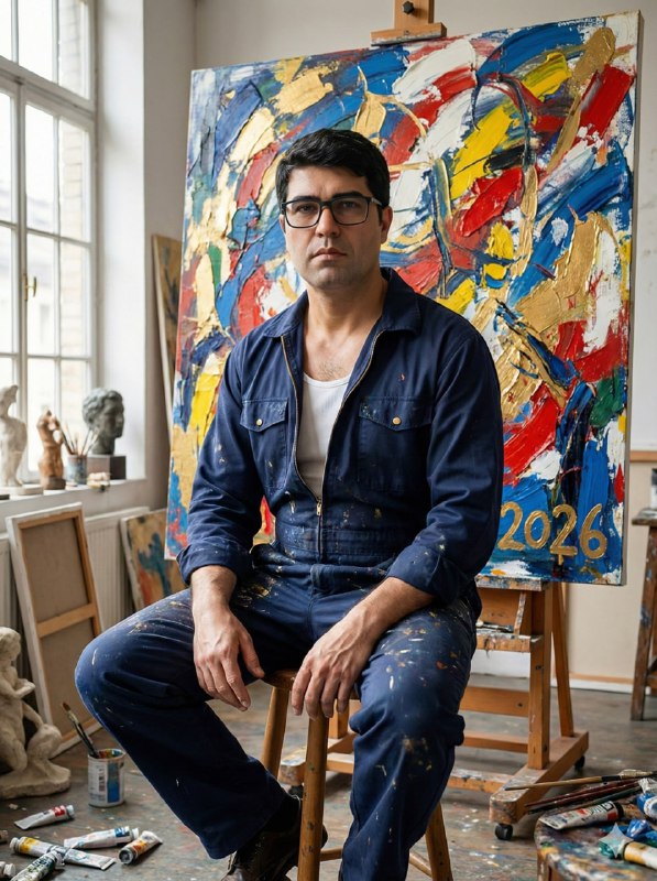 Person sitting casually on a high wooden stool in a sunlit artist's