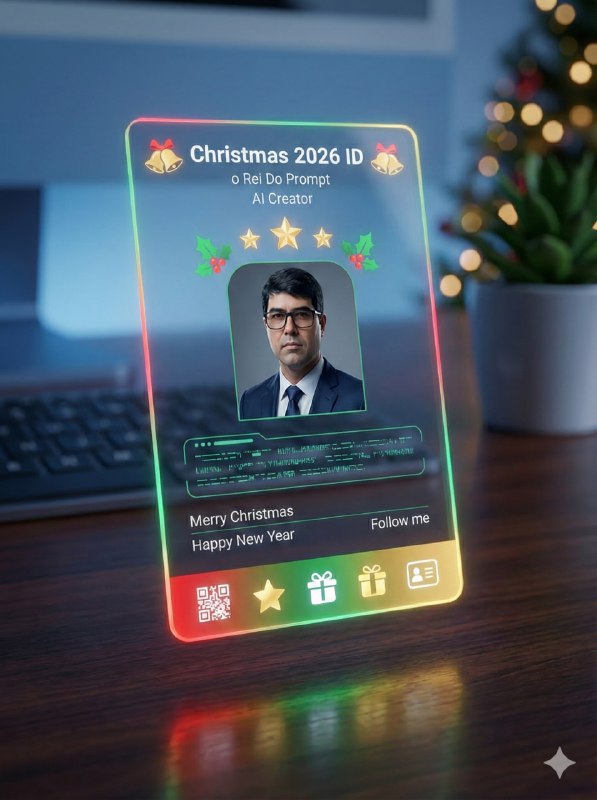 Futuristic fully transparent Christmas 2026 ID card floating above a