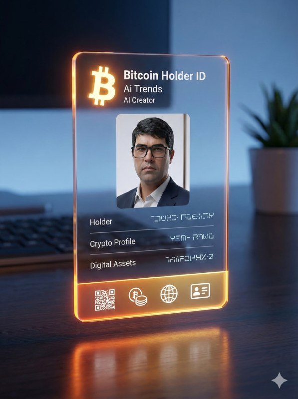 Futuristic fully transparent Bitcoin Holder ID card floating above a