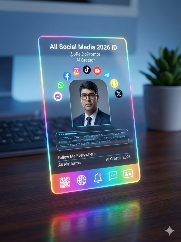 Futuristic fully transparent All Social Media 2026 ID card floating