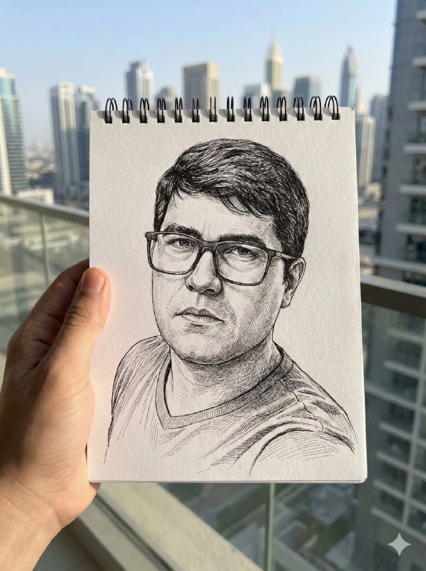 A hyper-realistic black-ink pen illustration of the man drawn on a