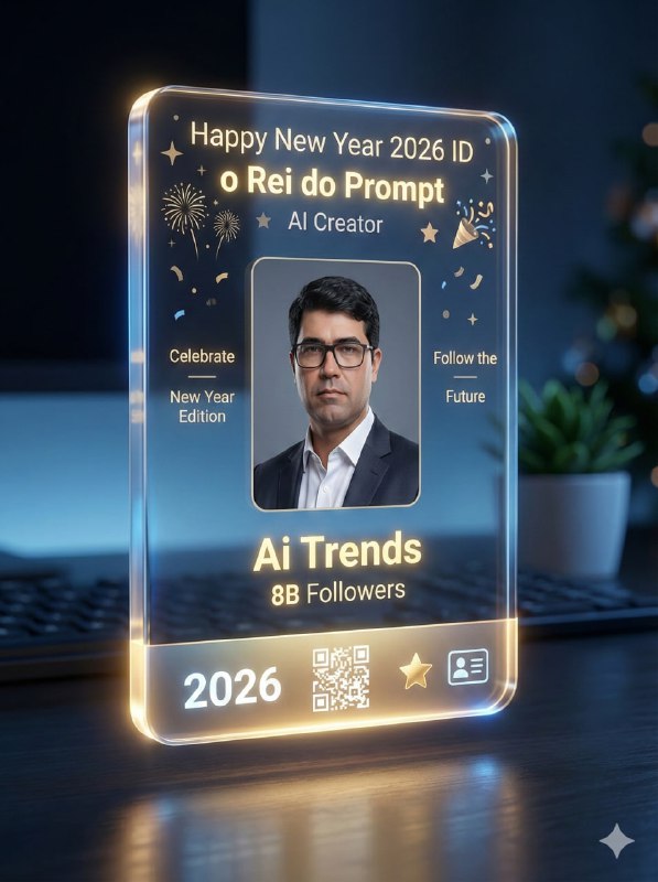 Futuristic fully transparent Happy New Year 2026 ID card floating