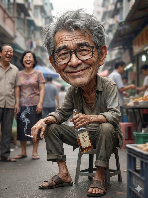 Small, frail elderly man with large expressive head, thin body,