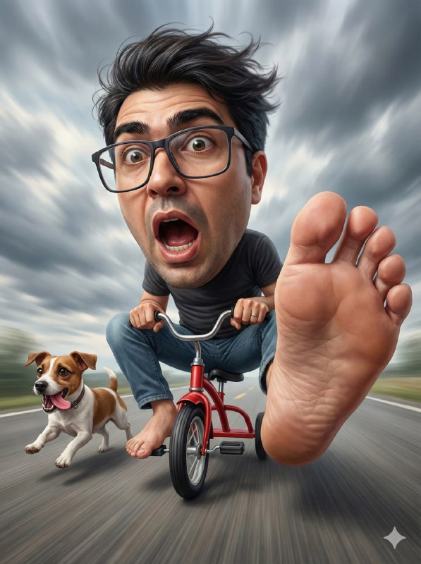 Adult man riding a mini tricycle at high speed