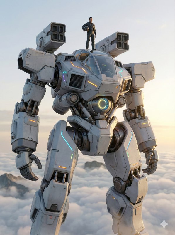 Macross-style mecha above the clouds
