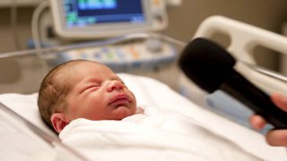 Newborn Baby Wrapped in Soft White Blanket, Lying in Hospital Bassinet