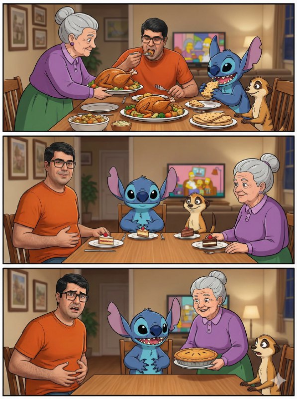 Man eating at dining table, surrounded by animated characters and