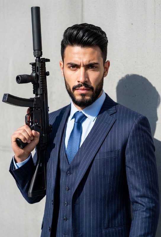Elegant Suit and Tactical Firearm Portrait