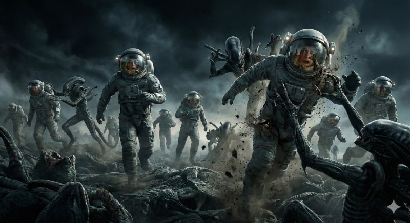 Numerous astronauts in sealed, futuristic spacesuits running in